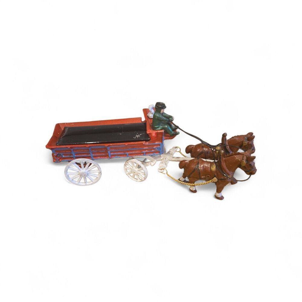 VTG Cast Iron Clydesdale Horses With Carriage & 1 Driver 1 Dog Budweiser Wagon